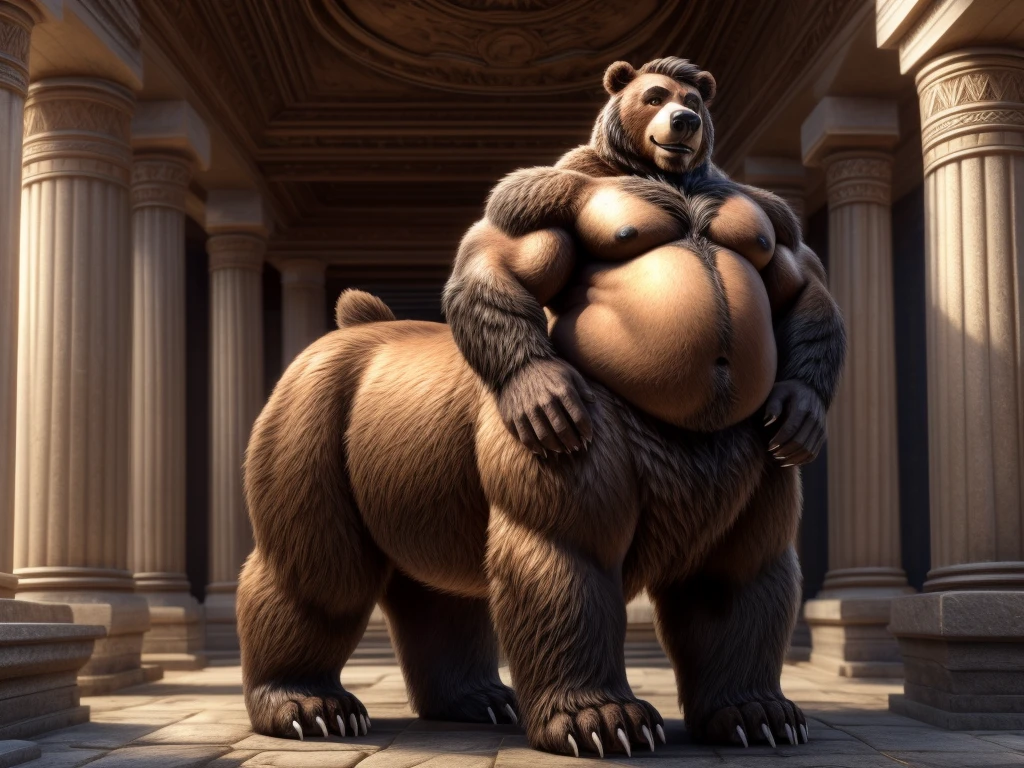 furry, fur taur, huge grizzly bear, beartaur, middle-age, solo,1man, detailed face, bear ears, bear eyes(green), bear nose(black), bear mouth, garibaldi beard(grey), hair, mature hair(white), detailed arm, thick arm, forearm hair, muscular, thick hands(5 fingers), thick claws, detailed body belly, thick body, brown skin, muscle belly(white), thick chest, chest hair(grey), nipples, detailed taur body, thick taur body, waist hair, thick bear paws, bear paws hair, thick bear claws, thick bear tail, bear tail, full body shot, standing in the temple