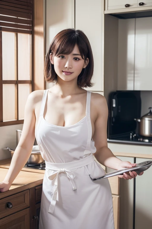 (Highest quality, 4K, 8k, High resolution, masterpiece:1.2), Very detailed, (Realistic, photoRealistic, photo-Realistic:1.37),Japanese Housewife,Big Breasts,20-year-old,short hair,kitchen、cooking,maid apron,Completely naked,(Hold a frying pan in one hand)