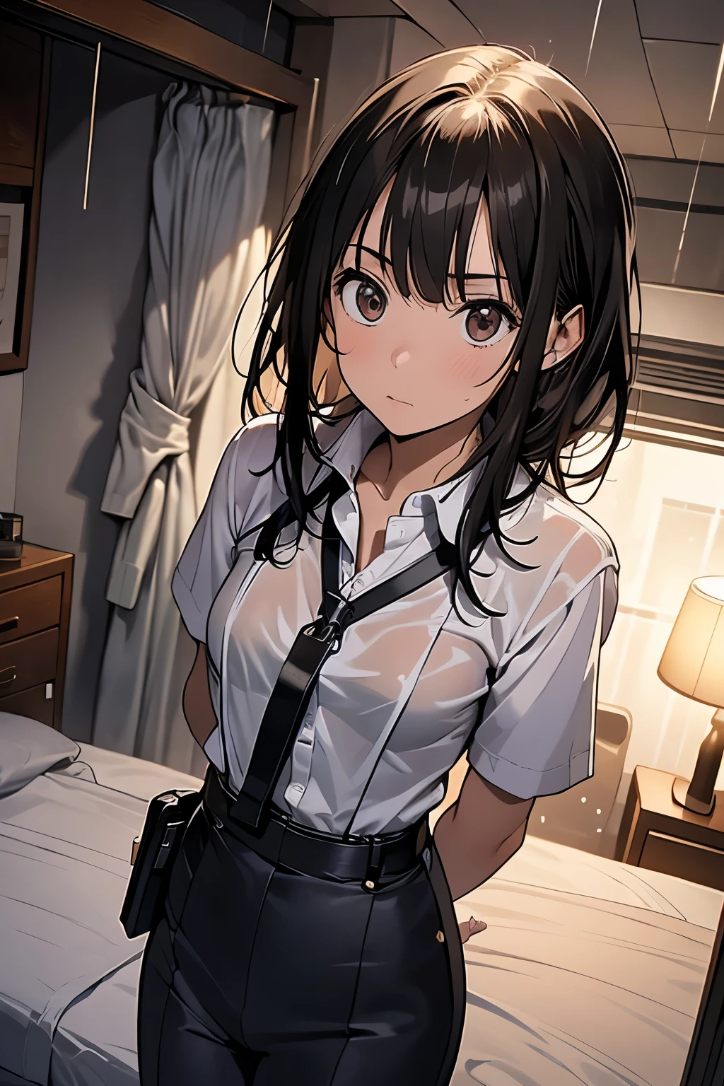 1 female, , high quality, masterpiece, Ultra-high resolution, , Cinema Lighting, , , And the suspenders with the cranes flying Large Breasts Small face holster Lying in bed Looking up Sweat belt summer 脇Sweat Black Hole Gloves suit shirt Black jacket Black trousers Leg Links ズボンにbelt holster Hands behind your back Anxious expression Looking up Anxious face, legs apart Armament Cable ties レッグholster holster See-through clothing heavy rain Getting wet in the rain