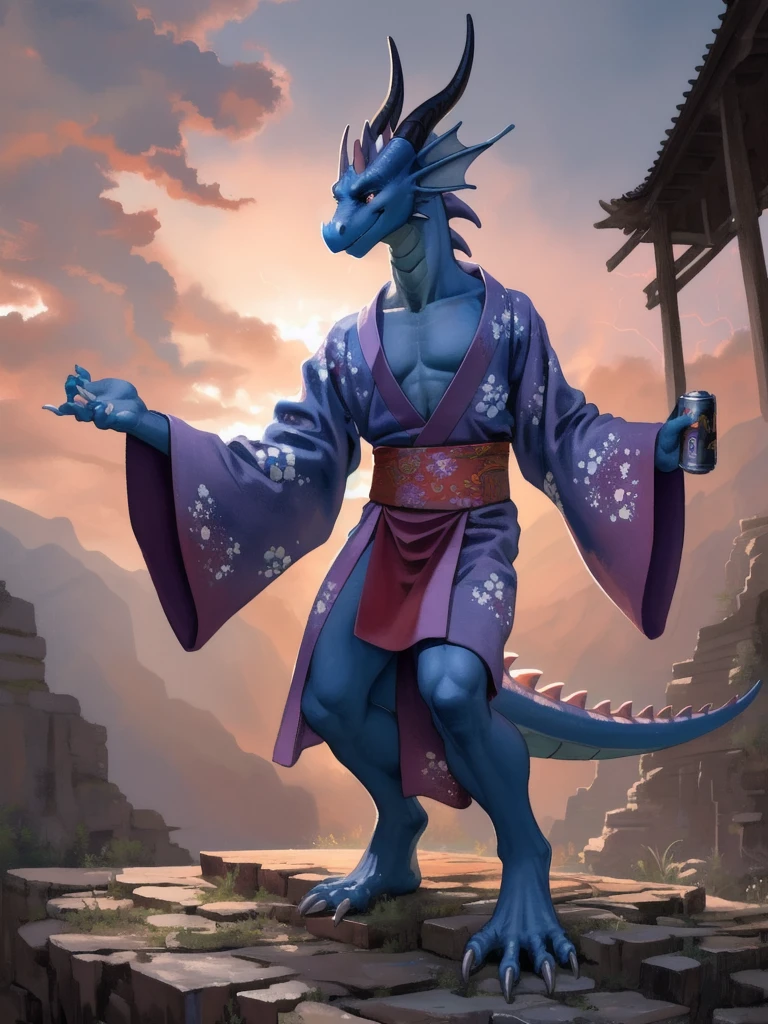 Masterpiece, High quality, Ridiculous resolution, Digital Painting \(work of art\), alone, (Kimono:1.4), Male Anthro Dragon, blue body, thunder, (Dancing), smile, sunset, loincloth, by (by Pino Daeni, (by ruaidri), can, Kiyo-san), พื้นหลังbyละเอียด, anime, (dark shadow, Wide dynamic range, HDR, low beam:1.2), stalwart