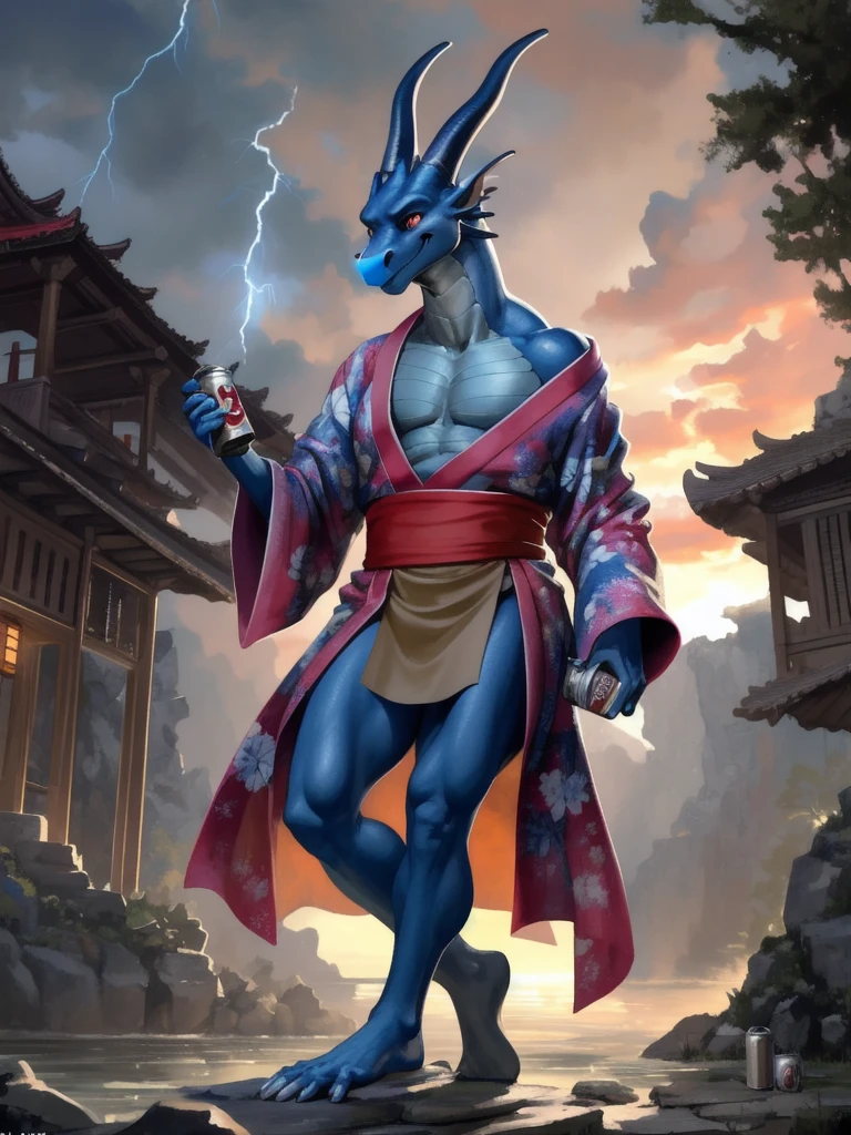 Masterpiece, High quality, Ridiculous resolution, Digital Painting \(work of art\), alone, (Kimono:1.4), Male Anthro Dragon, blue body, thunder, (Dancing), smile, sunset, loincloth, by (by Pino Daeni, (by ruaidri), can, Kiyo-san), พื้นหลังbyละเอียด, anime, (dark shadow, Wide dynamic range, HDR, low beam:1.2), stalwart