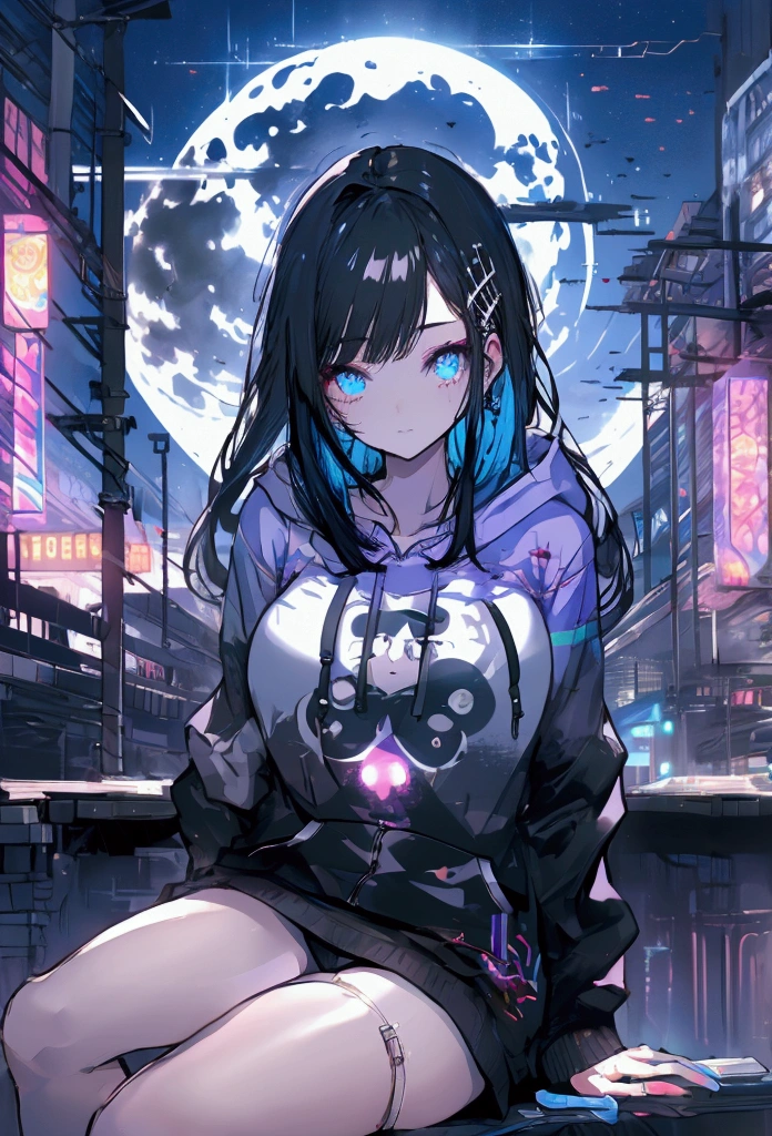 Beautiful Face、Beautiful legs、Black Hair、full moon,neon.hoodie,Sitting、IT Engineer、Building district、Landscape、rooftop、laptop on lap、Looking at the screen