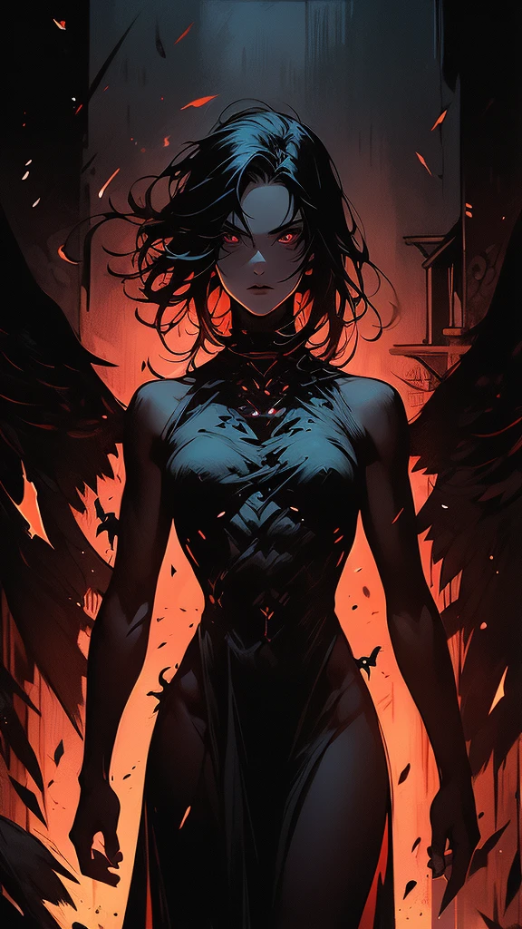 masterpiece,best quality,ultra-detailed,2girl,solo,crow,upper body,dark style,black hair,black clothes,standing,horror theme,dark background, nude