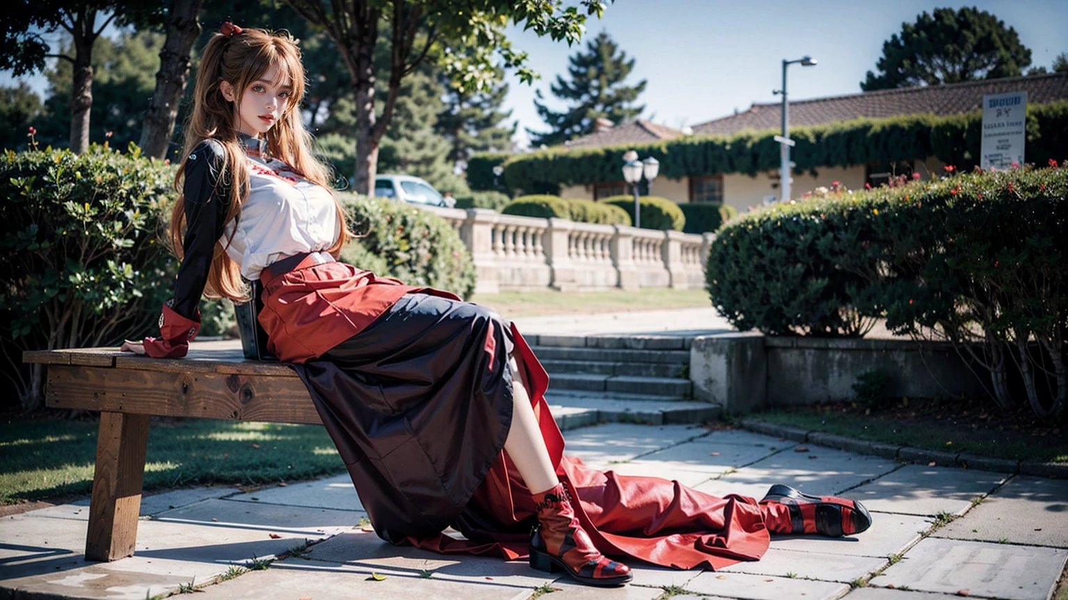 best quality, masterpiece, realistic, photorealistic, 1girl, solo, looking at viewer, full body, sitting, long hair, asuka cosplay costume, cosplay, shirt and skirt outfit, hair ornament, simple background,