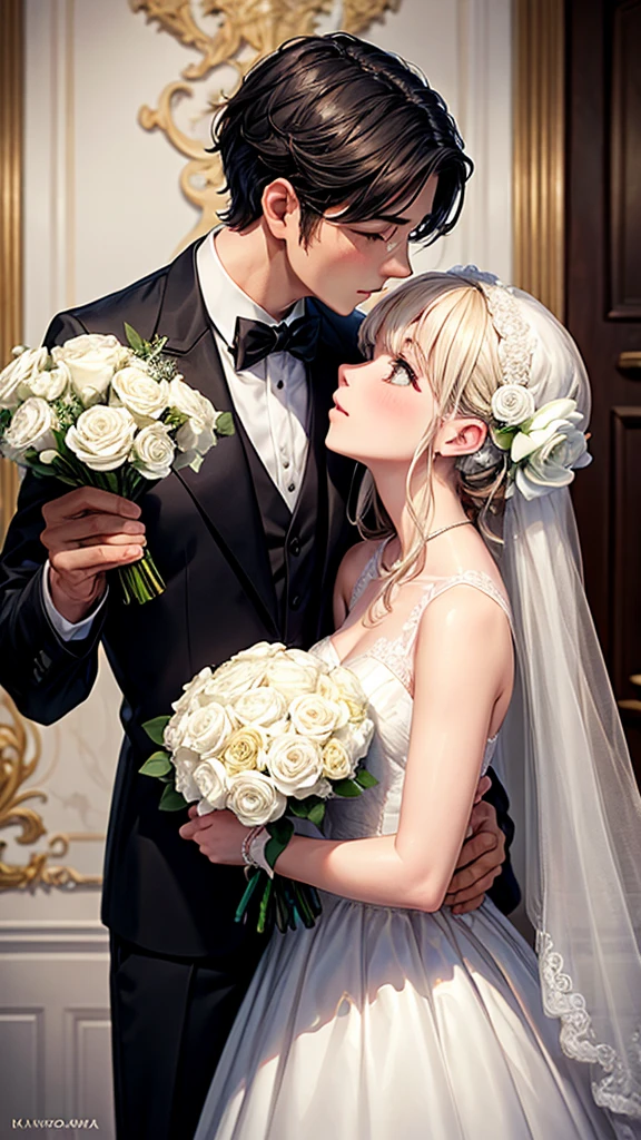 A bride in a wedding dress holding a bouquet of flowers and a groom in a tuxedo are kissing