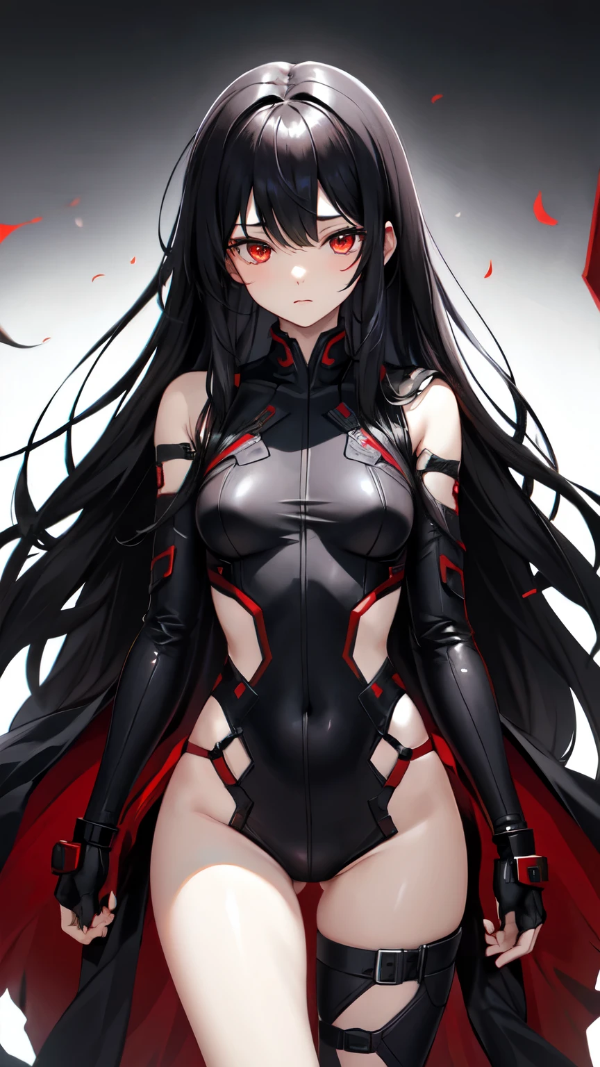 （best quality）Remove all backgrounds，Black hair，Long hair hanging down the waist，Red eyes（gentle）（Strip dyeing）,Tight combat suit，waist，The lowest point you can see is the thigh