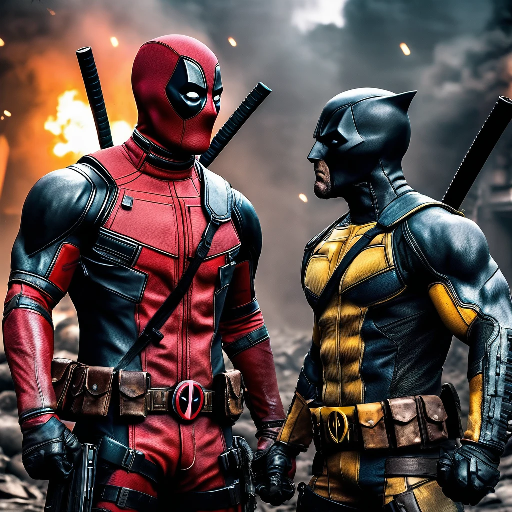 Deadpool and Wolverine:1.5 standing back to back。The background is chaos leading to the extinction of humanity、Highly detailed illustration、Ultra-realistic、Cinematic lighting、Dynamic action poses、Cinematic Color Grading、Volumetric Fog、Depth of written boundary、Photorealistic、8k、Intricate detailuscle ???????、Intense gaze、Sharp Claws、Leather costume、Bullet Holes、explosion、war-torn environment、Moody blue and orange color palette、Dramatic Shadows、Rough texture、masterpiece