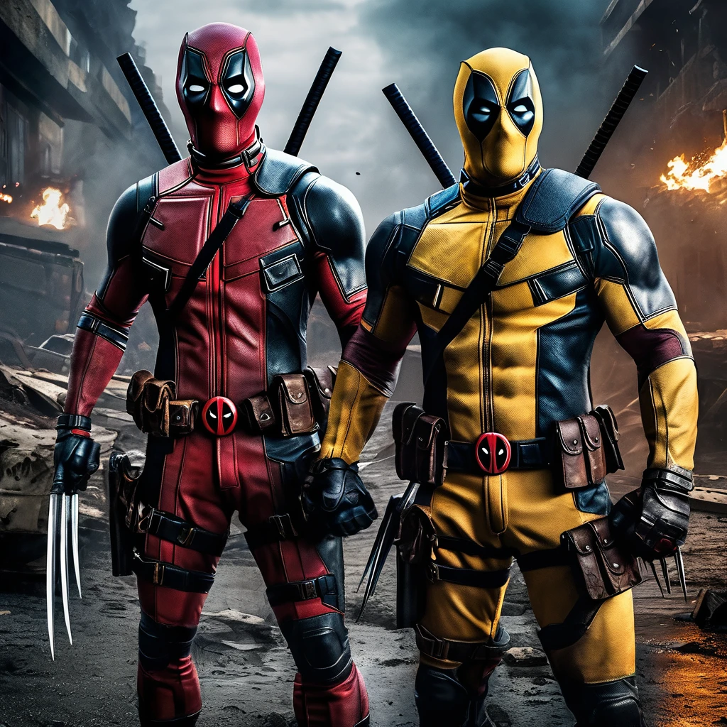 Deadpool and Wolverine:1.5 standing back to back。The background is chaos leading to the extinction of humanity、Highly detailed illustration、Ultra-realistic、Cinematic lighting、Dynamic action poses、Cinematic Color Grading、Volumetric Fog、Depth of written boundary、Photorealistic、8k、Intricate detailuscle anatomy、Intense gaze、Sharp Claws、Leather costume、Bullet Holes、explosion、war-torn environment、Moody blue and orange color palette、Dramatic Shadows、Rough texture、masterpiece