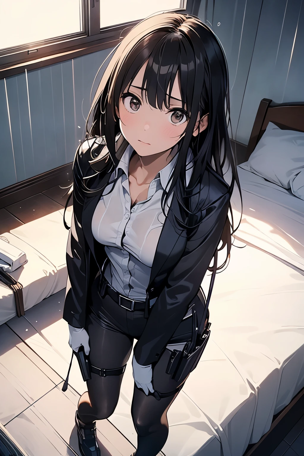 1 female, , high quality, masterpiece, Ultra-high resolution, , Cinema Lighting, , , And the suspenders with the cranes flying　　　Large Breasts　 　 　　　　Small face　 　　　holster　　　　　　　 Lying in bed　Looking up　　　　Sweat 　　　belt　summer　脇Sweat 　Black Hole Gloves　suit　shirt　　Black jacket　 Black trousers　Leg Links　ズボンにbelt　　holster　 　　Hands behind your back　 Anxious expression　Looking up　Anxious face, legs apart　Armament　　Cable ties　レッグholster　holster　See-through clothing　heavy rain　Getting wet in the rain