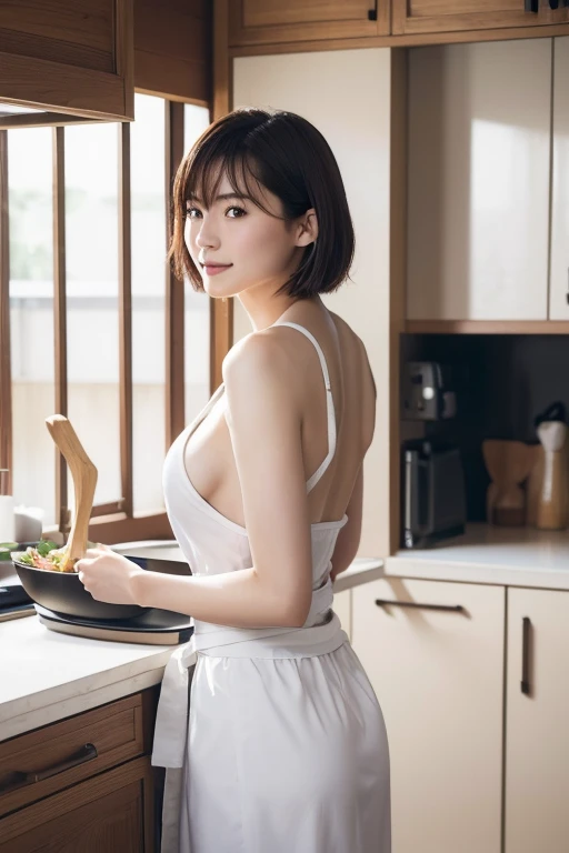 (Highest quality, 4K, 8k, High resolution, masterpiece:1.2), Very detailed, (Realistic, photoRealistic, photo-Realistic:1.37),Japanese Housewife,Big Breasts,20-year-old,short hair,kitchen、cooking,maid apron,Completely naked,(Hold a frying pan in one hand),Back view