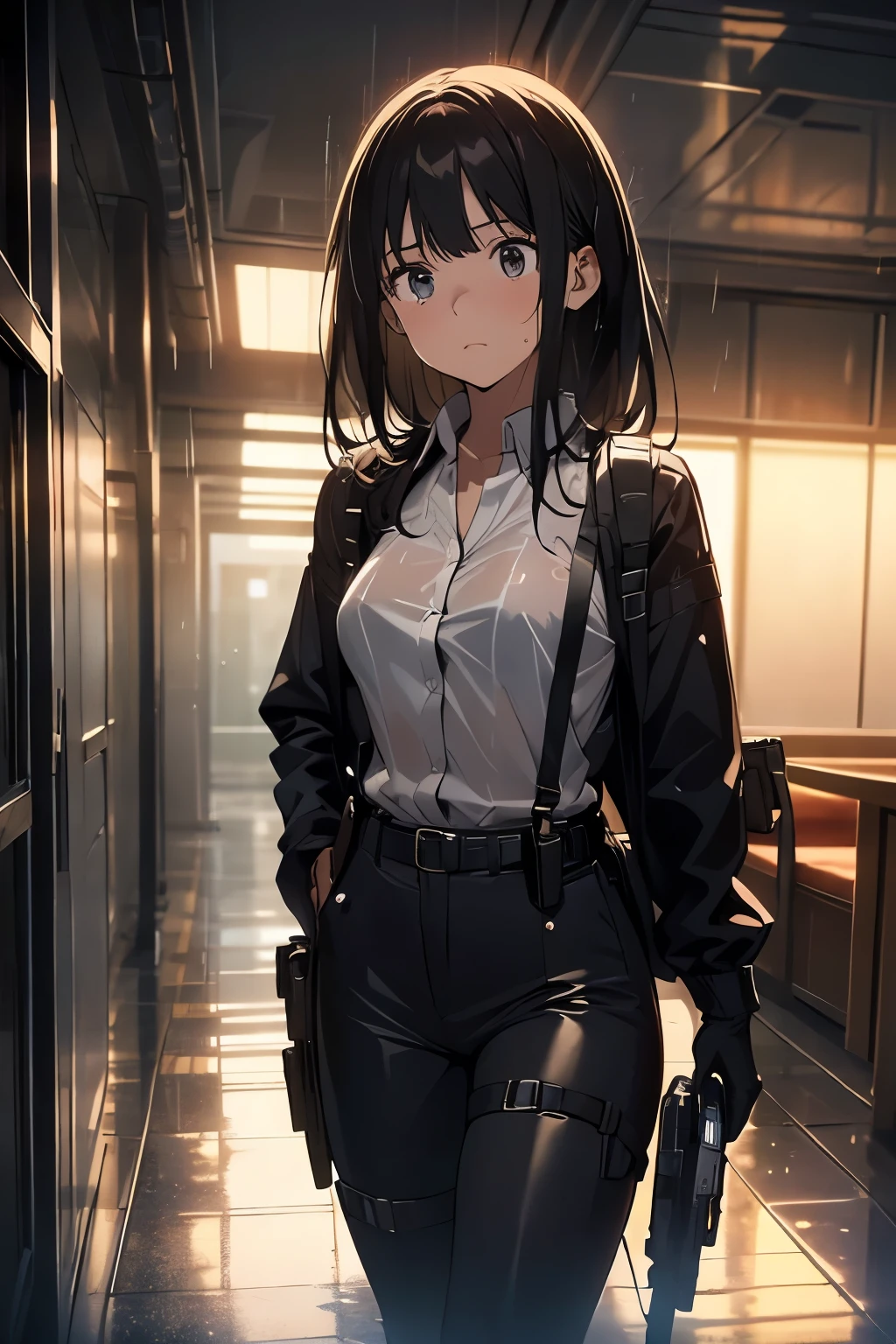 1 female, , high quality, masterpiece, Ultra-high resolution, , Cinema Lighting, , , And the suspenders with the cranes flying Large Breasts Small face holster Lying in bed Looking up Sweat belt summer 脇Sweat Black Hole Gloves suit shirt Black jacket Black trousers Leg Links ズボンにbelt holster Hands behind your back Anxious expression Looking up Anxious face, legs apart Armament Cable ties レッグholster holster See-through clothing heavy rain Getting wet in the rain