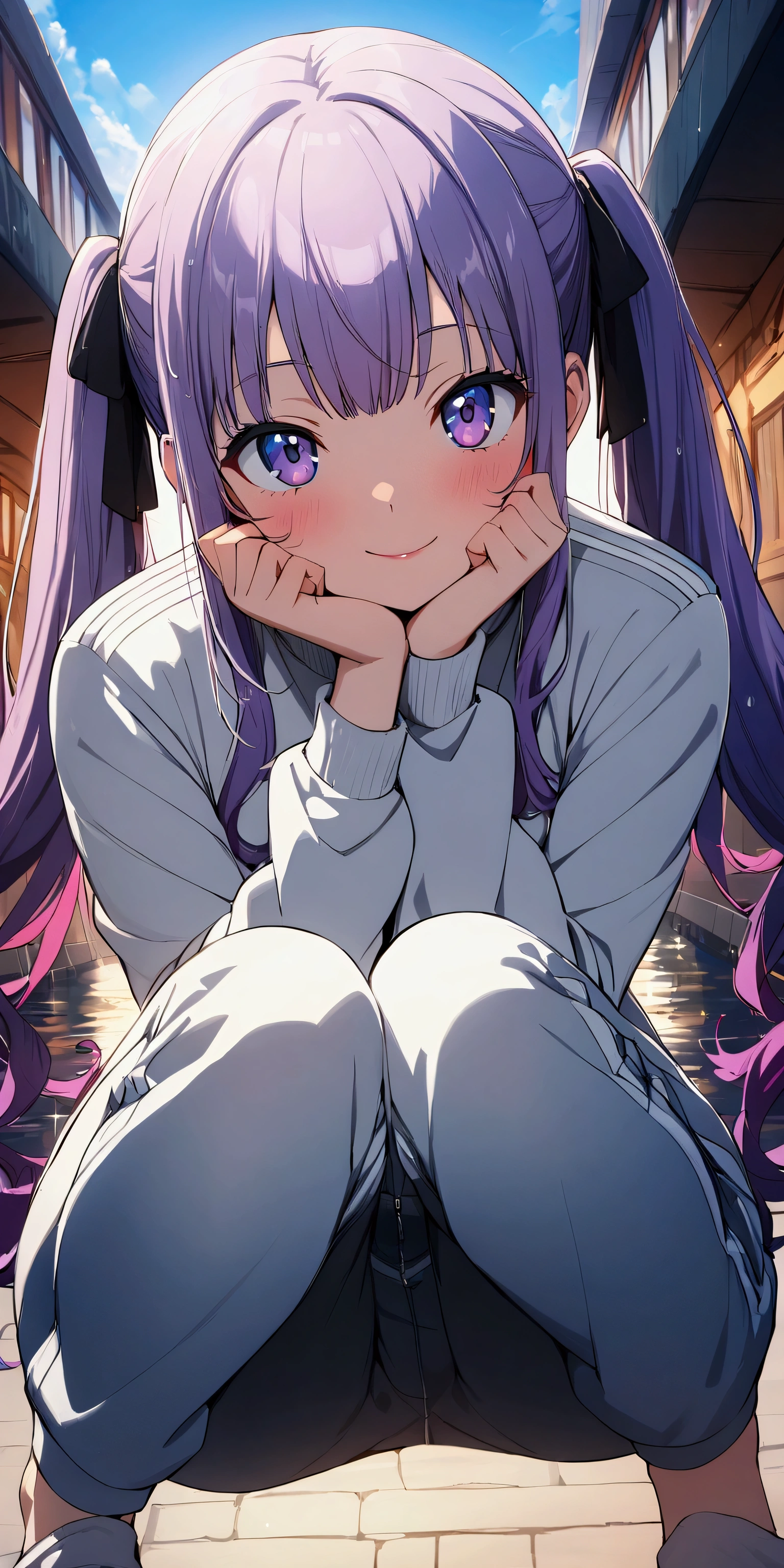 (Highest quality:1.2, 4K, 8k, Studio Anime, Very detailed, up to date, Vibrant, Attention to detail, High Contrast, masterpiece:1.2, Highest quality, Best aesthetics), (((1 girl))), Sit and pose, Purple Hair,Twin tails、Straight hair、Large, round eyes, smile, (beautiful girl: 1.3), Looks about 15 years old、(((Strip your sweatpants down to your ankles))), (Track jacket: 1.2), Rear view、The sunset is dazzling when you enter the waterway..、Wet、Focus on the very big things, Round and beautifully shaped butt,smile、Dynamic Angle, look up:1.3, Friendly atmosphere, Beautiful Hair, Shiny Hair, Beautiful Skin, Detailed face and eyes, Glossy Lips, Curvy Women, Striking contrast,