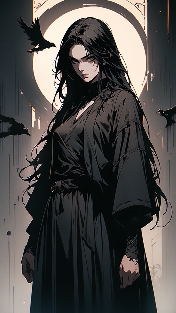 masterpiece,best quality,ultra-detailed,2girl,solo,crow,upper body,dark style,black hair,black clothes,standing,horror theme, nude