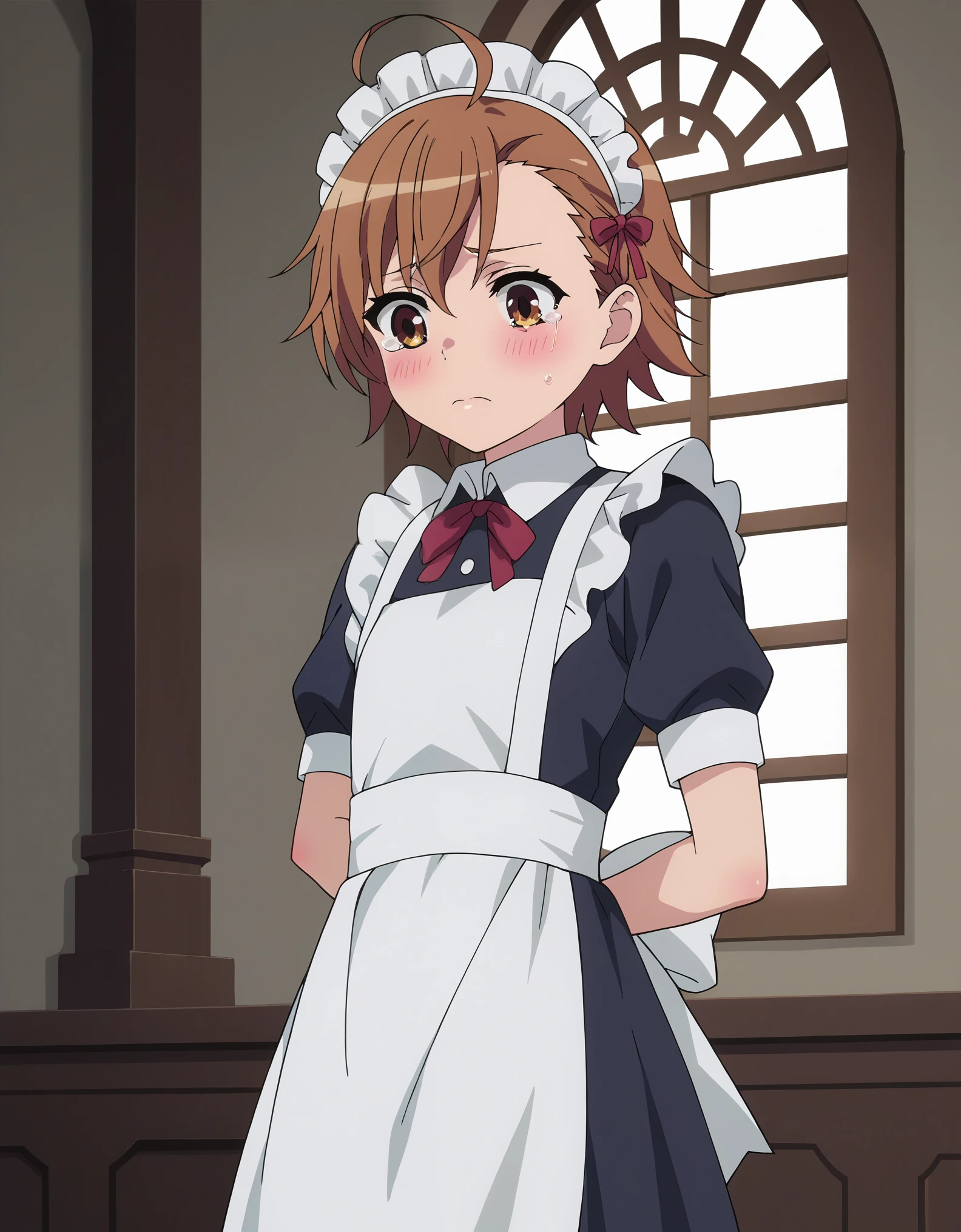 score_9, score_8_up, score_7_up, score_6_up, source_anime, anime screencap, 1girl, solo, 
LastOrd_T1V0, female , brown hair, short hair, asymmetrical hair, ahoge, brown eyes, flat chest, blush, 
maid, maid headdress, maid apron, standing,
looking down, looking away, sad, raised eyebrows, closed mouth, tears, 
indoors, castle, window, cowboy shot,