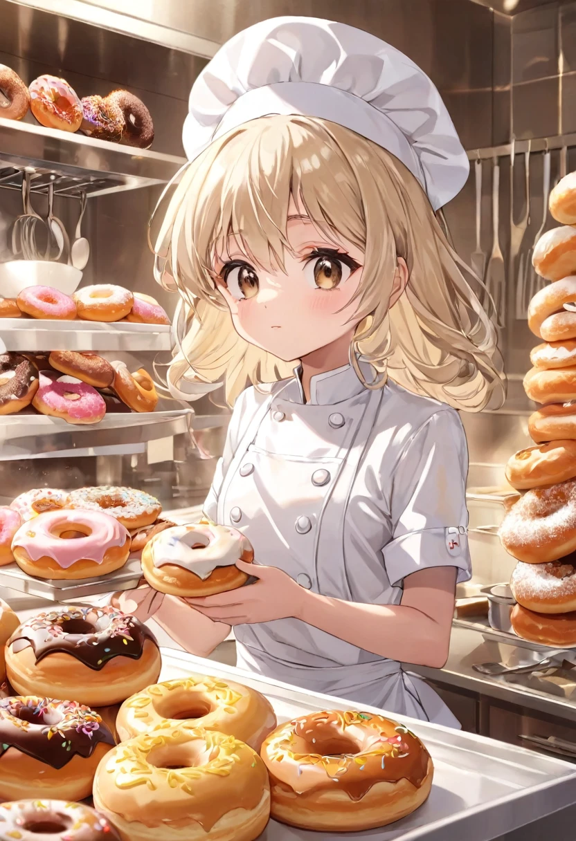 Cute and charming pastry chef in front of kitchen with rich pastry utensils (extremely delicate and beautiful), Close-up of bright beige hair anime character wearing white chef uniform and gorgeous chef hat is about to try donuts cute and charming
( perfect anatomy )Complex patterns light and shadow soft highly detailed structures digital art, high detail, High quality animation style