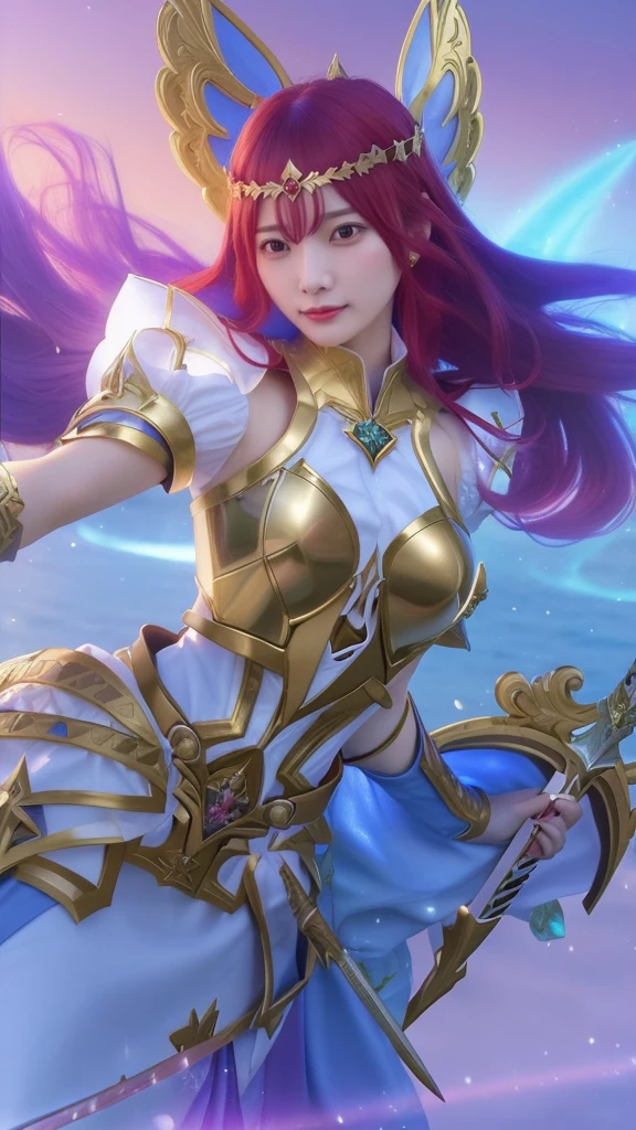 a close up of a woman with red hair and a sword, portrait knights of zodiac girl, knights of zodiac girl, extremely detailed artgerm, beautiful celestial mage, ig model | artgerm, artgerm detailed, style artgerm, artgerm. high detail, seraphine ahri kda, artgerm lau
