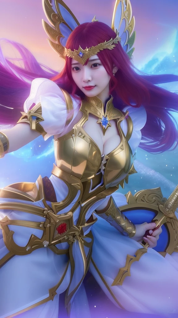 a close up of a woman with red hair and a sword, portrait knights of zodiac girl, knights of zodiac girl, extremely detailed artgerm, beautiful celestial mage, ig model | artgerm, artgerm detailed, style artgerm, artgerm. high detail, seraphine ahri kda, artgerm lau