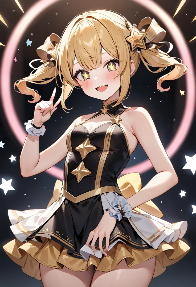 (masterpiece, top quality, very aesthetic, 4k、illustration), intricate detail, 1woman,symmetry、contrapposto 、,(cowboy shot)、Dancing,(star-shaped pupils),Cute 、fan service、Open mouth happy smile、Random Hairstyle、Random Hair Color、,middle hair,sidelock ,Random Color eyes、idol clothes、small breasts、Slim 、fan service