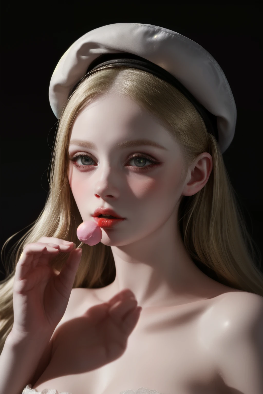 a portrait of a blonde woman wearing a cap and sucking a lolipop, voluptuous eyes, monia merlo, johannes vemeer, steven meisel, with pale skin, pale woman, inspired by Johannes Vermeer, with a white complexion