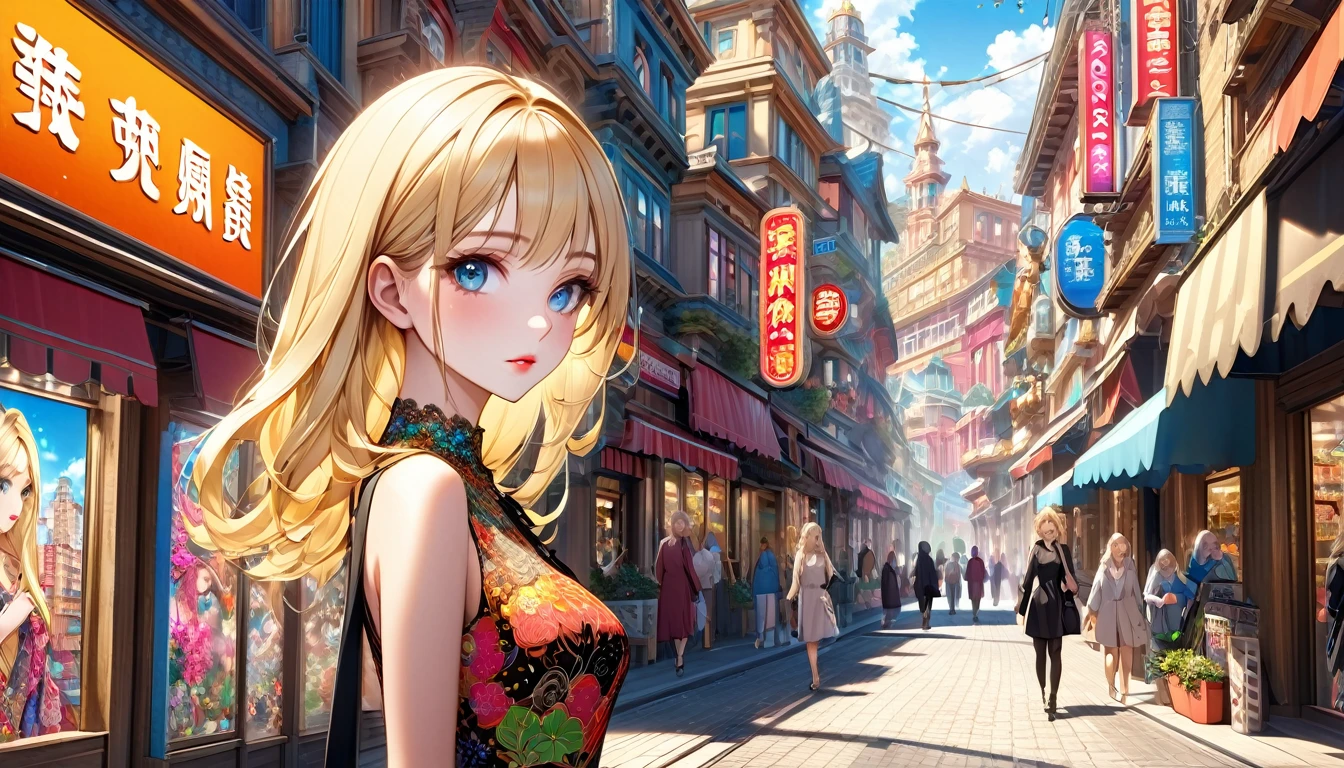 a fashionable shopping street in the day, few people, anime style, 1girl walking, blonde hair, detailed face features, beautiful detailed eyes, beautiful detailed lips, extremely detailed face, long eyelashes, intricate dress, elegant pose, colorful buildings, neon signs, vibrant colors, natural lighting, photorealistic, 8k, highres, detailed description, cinematic composition, dramatic lighting,very long shot