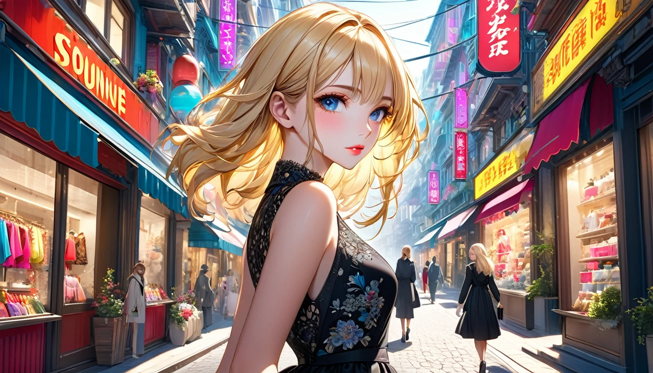 a fashionable shopping street in the day, few people, anime style, 1girl walking, blonde hair, detailed face features, beautiful detailed eyes, beautiful detailed lips, extremely detailed face, long eyelashes, intricate dress, elegant pose, colorful buildings, neon signs, vibrant colors, natural lighting, photorealistic, 8k, highres, detailed description, cinematic composition, dramatic lighting,very long shot