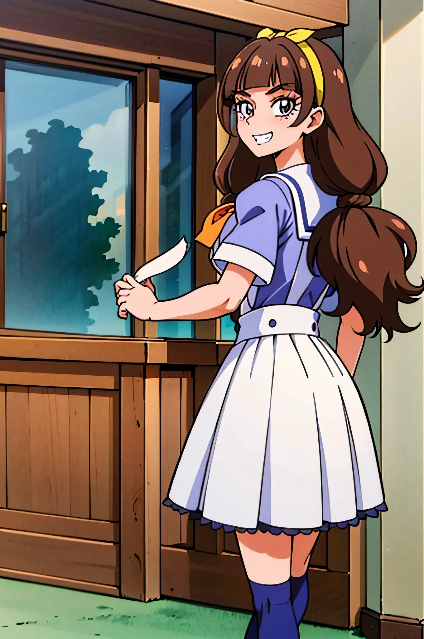 1 girl,(solo), ((amanogawaki)), (masterpiece:1.2), (high quality:1.0), (ultra detailed), (Smug Grin), Brat, Adolescent, (Yellow Headband), ((Blue White Uniform)), Looking Back, Looking at viewer, Black Shoes, White Uniform Skirt, (Popliteal fossa)