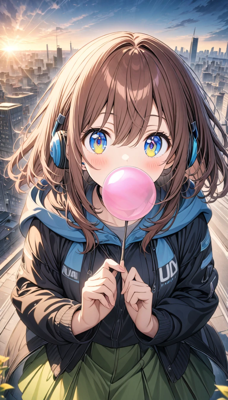 miku nakano, Nakano Miku Ticket III, Long Hair, bangs, blue eyes, Brown Hair, Hair between the eyes, blush,smile,Neck headphones1:1,Blue hoodie,Wearing a hood,Green pleated skirt,Grey pantyhose,short boots,I put my hands in my hoodie pockets..,sunrise,morning,morning日,Blowing bubble gum, ピンクの風船ガム break outdoors, city,Building district, break looking at viewer, break (masterpiece:1.2), Highest quality, High resolution, unity 8k wallpaper, (shape:0.8), (Beautiful and beautiful eyes:1.6), Highly detailed face, Perfect lighting, Highly detailed CG, (Perfect hands, Perfect Anatomy),