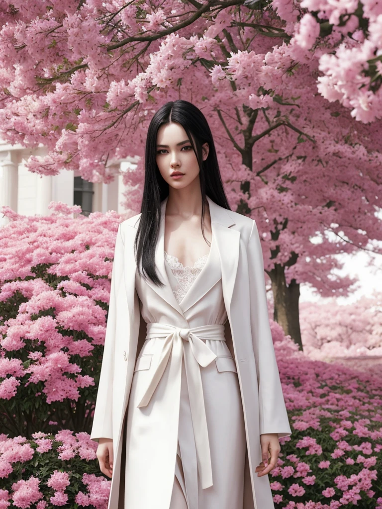 work of art, highest quallity, (standing alone focus), (face perfect:1.1), (high détail:1.1), (hyper detailed eyes), dramatic, A guy with pale skin and long voluminous black hair, eye white, standing alone, long hair, Sephiroth, moonligh, natta, white luxury suit, covered navel, pouty lips, coat, arrogant expression, Jardim de pinks, detailed back ground, artwork by Artgerm, cinematic lighting, pinks, lo fashion, BalenciagaStyle