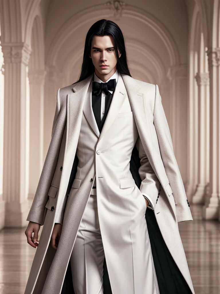 work of art, highest quallity, (standing alone focus), (face perfect:1.1), (high détail:1.1), (hyper detailed eyes), dramatic, A guy with pale skin and long voluminous black hair, eye white, standing alone, long hair, Sephiroth, moonligh, natta, white luxury suit, covered navel, pouty lips, coat, arrogant expression, Jardim de pinks, detailed back ground, artwork by Artgerm, cinematic lighting, pinks, lo fashion, BalenciagaStyle