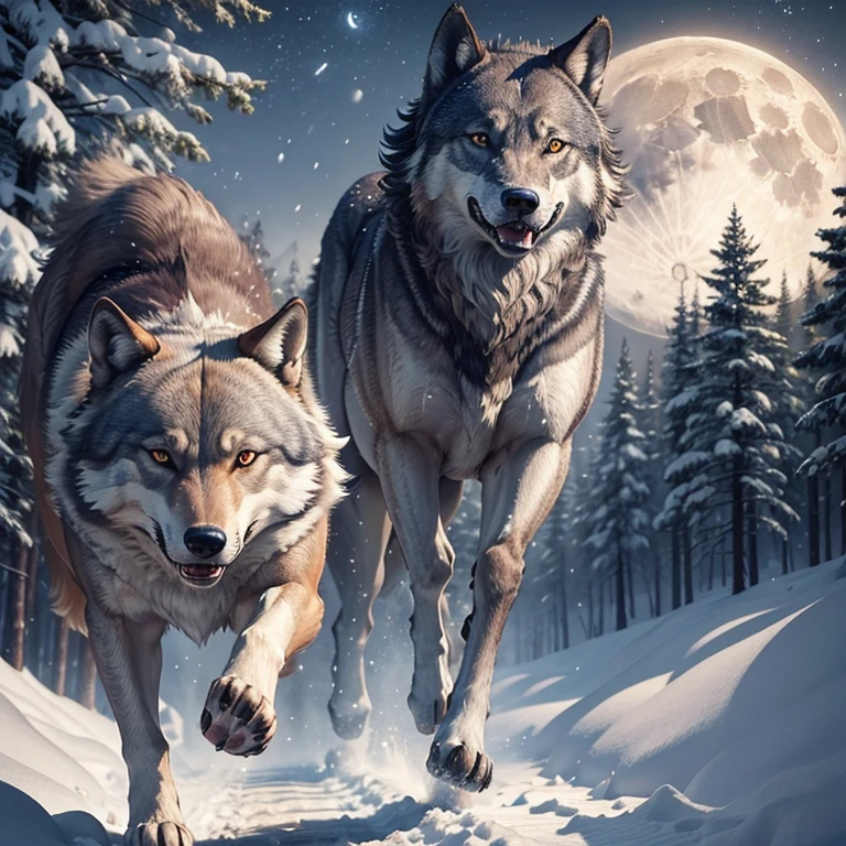 Masterpiece, best quality, high quality, One wolf, solo, 4K, strong Grey wolf, Brown eyes, running in the snow, in the Forest, Night, Stars and Full Moon in the sky