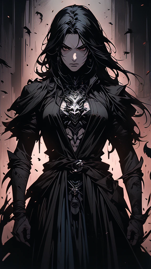 masterpiece,best quality,ultra-detailed,2girl,solo,crow,upper body,dark style,black hair,black clothes,standing,horror theme, nude
