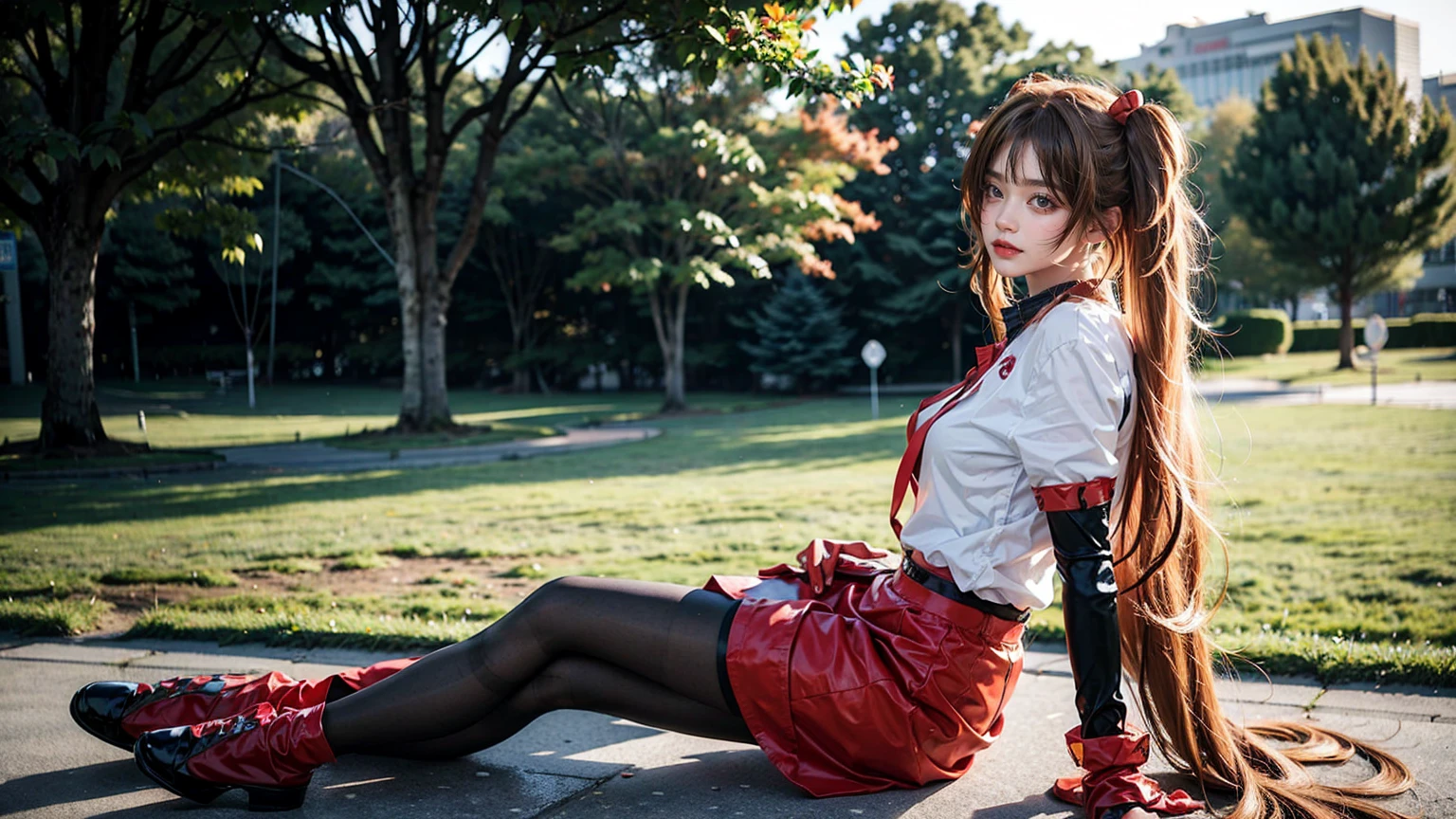 best quality, masterpiece, realistic, photorealistic, 1girl, solo, looking at viewer, full body, sitting, long hair, asuka cosplay costume, cosplay, shirt and skirt outfit, hair ornament, simple background, 
