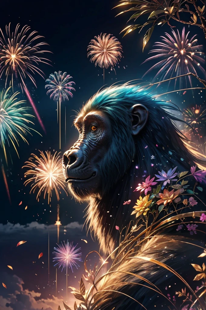 gorilla、King Kong、Rainbow colorsのgorilla、gorillaたちに囲まれて、Mysterious Landscape、firework、firework大会、Rainbow colorsのfireworkが打ちあがっている瞬間、夜nullとともに、幻想的な海景色で壮大なfirework、future都市、Highest quality、masterpiece, (Diffuse reflection of light:1.2), When the fantastic rainbow turns into shadow, bathed in a mystical atmosphere.The whales are watching too, Cast magic spells. evoke a sense of wonder and awe. A fusion of natural grandeur and magic, Weaving dreams into reality. Behold, null, And the unknown, Fleeting、And an eternal moment, 16K, Ultra-high resolution.Realistic, Ultra-high resolution, to be born,future、Rainbow colorsに光り輝く、Rainbow colors、The world 30 years from now。