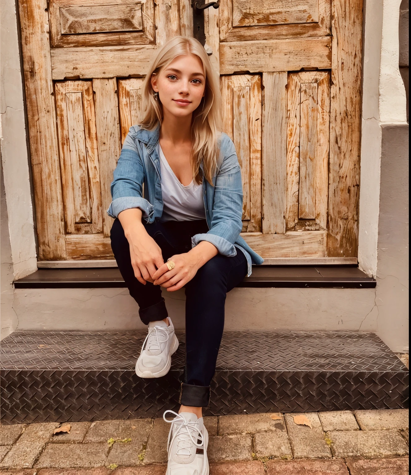Woman, americana, age 25, pale skin and freckles, gray eyes, delicate nose, soft and delicate lips, far away, cabelo blondie far away e ondulado na altura da cintura, sweet smile, face with delicate feminine facial features, highly rendered
