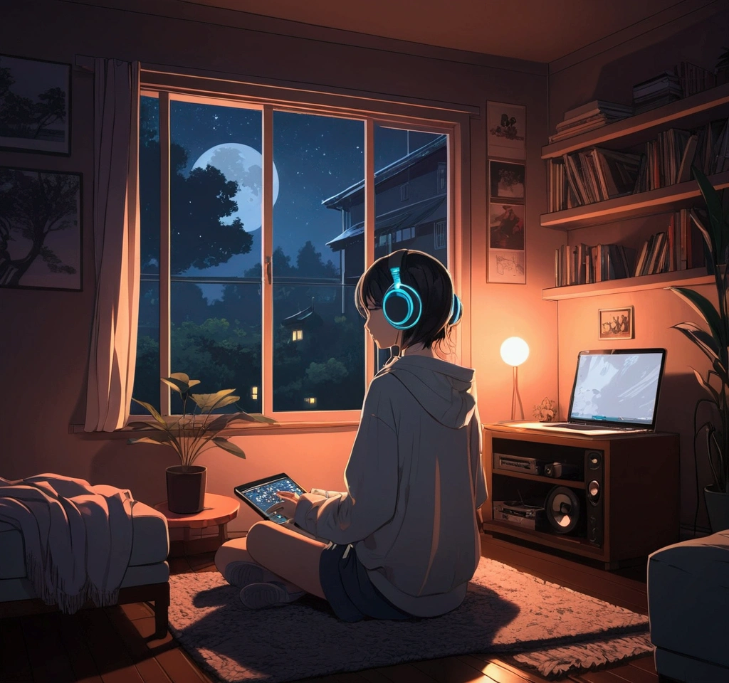 Girl sitting listening to music in a cozy room at night, Using headphones, 2D style anime, Lo-fi, hard disk, Dark environment