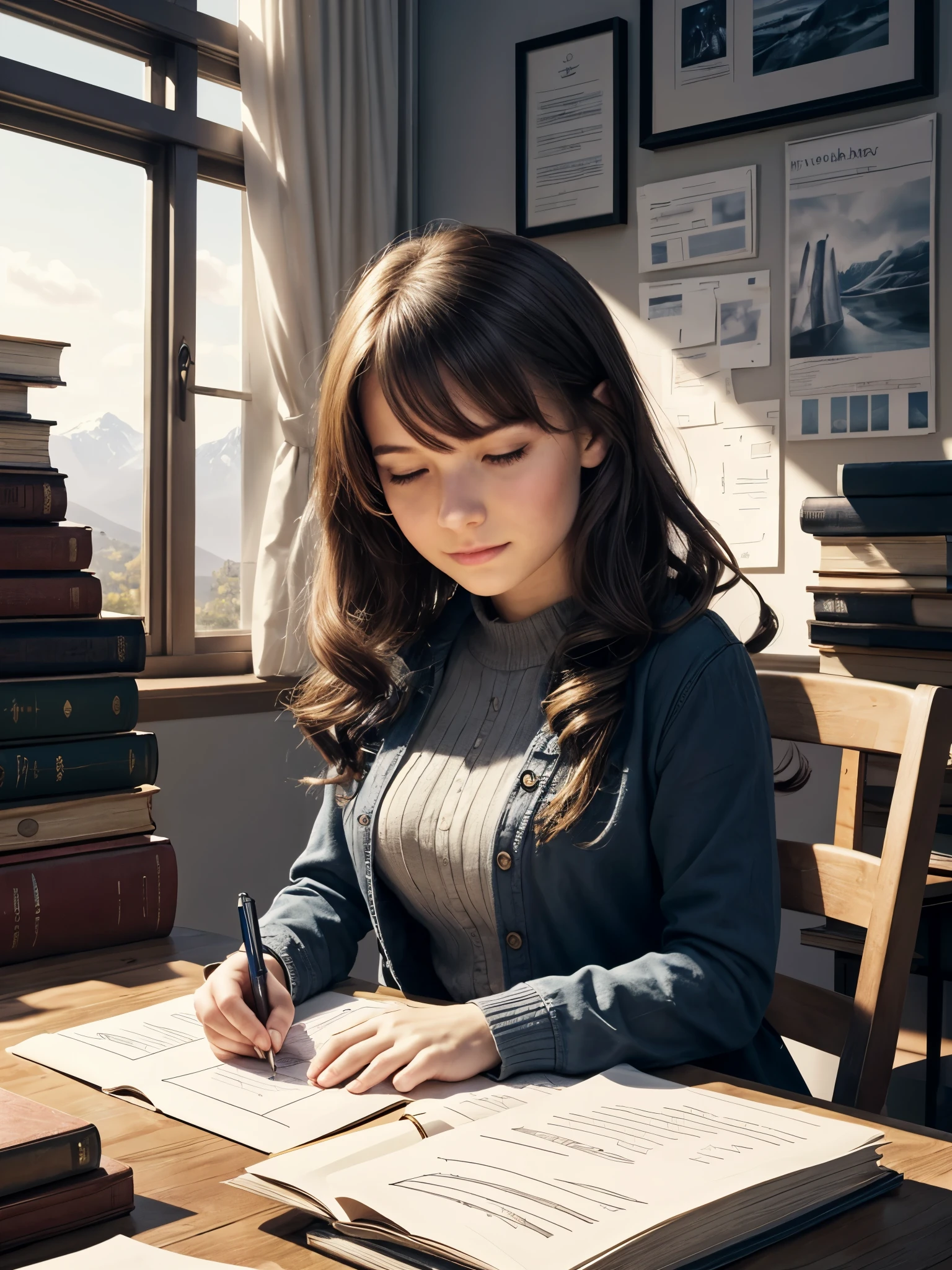 1girl, (majestic:1.4), (uhd:1.3), long hair, curls, bangs, casual outfit, looking at viewer, attractive, full breasts, (****, cute:1.4), (breasts:1.2), tables full of books, mountain of paper stacks, cluttered workspace, organized chaos, study environment, academic setting, piles of documents, scholarly atmosphere, detailed textures, various book sizes, papers scattered, busy scene, research materials, intellectual vibe, writing tools, ink reservoir, pen, super details, colorful, stunning professional digital art, detailed skin, blush, realistic, masterpiece, floating light particles,