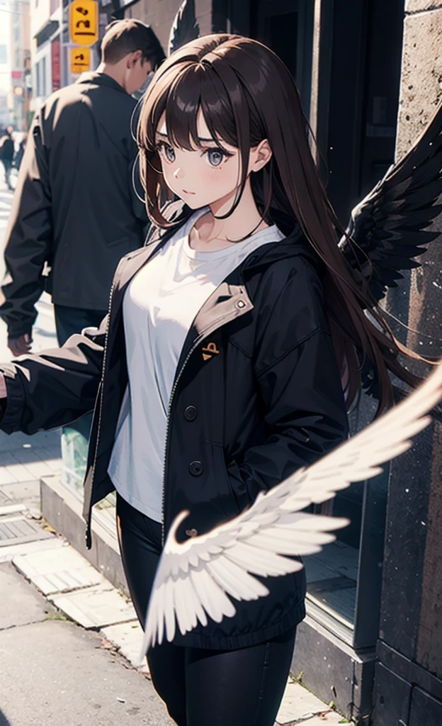 1 girl, brown hair, black coat, white shirt, black pants, four wings