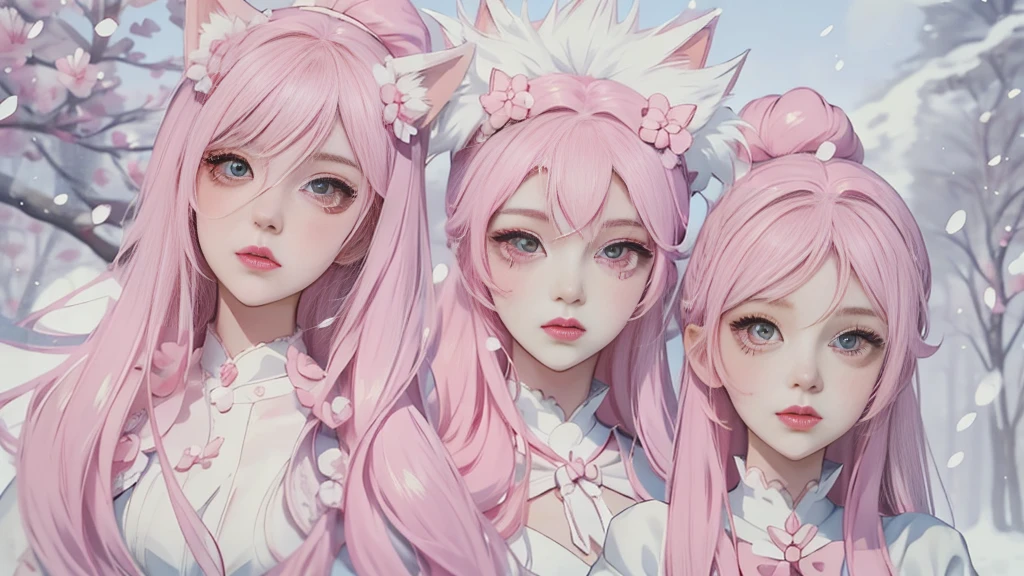 Anime girl pink hair white bow, , Beautiful character painting, , Stunning anime face portrait handsome royal sister cat ears