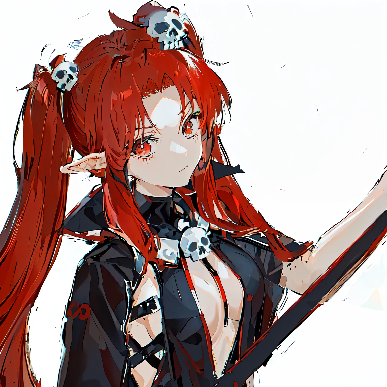 A red-haired anime girl with twin tails, wearing a black, open-chest bodysuit. She poses with her arms crossed over her chest, facing the camera. Her twin tails are tied with two white skull decorations, and the bodysuit features skull decorations at the collarbone. The bodysuit has a high neckline. Simple white background.