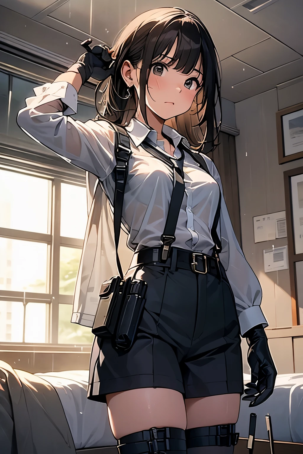 1 female, , high quality, masterpiece, Ultra-high resolution, , Cinema Lighting, , , And the suspenders with the cranes flying Large Breasts Small face holster Lying in bed Looking up Sweat belt summer 脇Sweat Black Hole Gloves suit shirt Black jacket Black trousers Leg Links ズボンにbelt holster Hands behind your back Anxious expression Looking up Anxious face, legs apart Armament Cable ties レッグholster holster See-through clothing heavy rain Getting wet in the rain