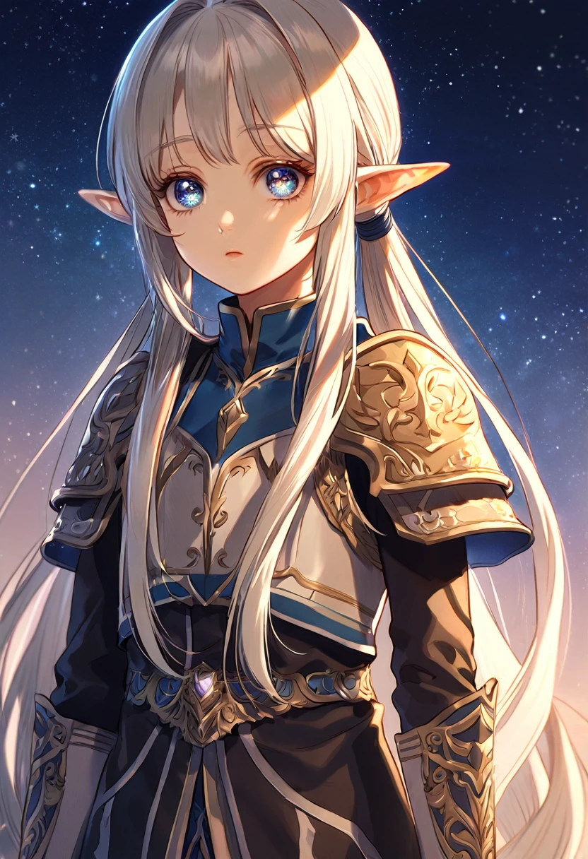 Create a high-resolution, realistic illustration of an elf character inspired by the anime 'Sousou no Frieren'. The character should have long white hair styled in two ponytails, large expressive eyes, and distinctive elf ears. She should be depicted against a starry night sky, with a serene and contemplative expression. The character's attire should be a detailed, fantasy-inspired outfit with a high collar, shoulder guards, and a layered dress. Ensure the lighting reflects the nighttime setting, with soft shadows and gentle illumination from the stars.