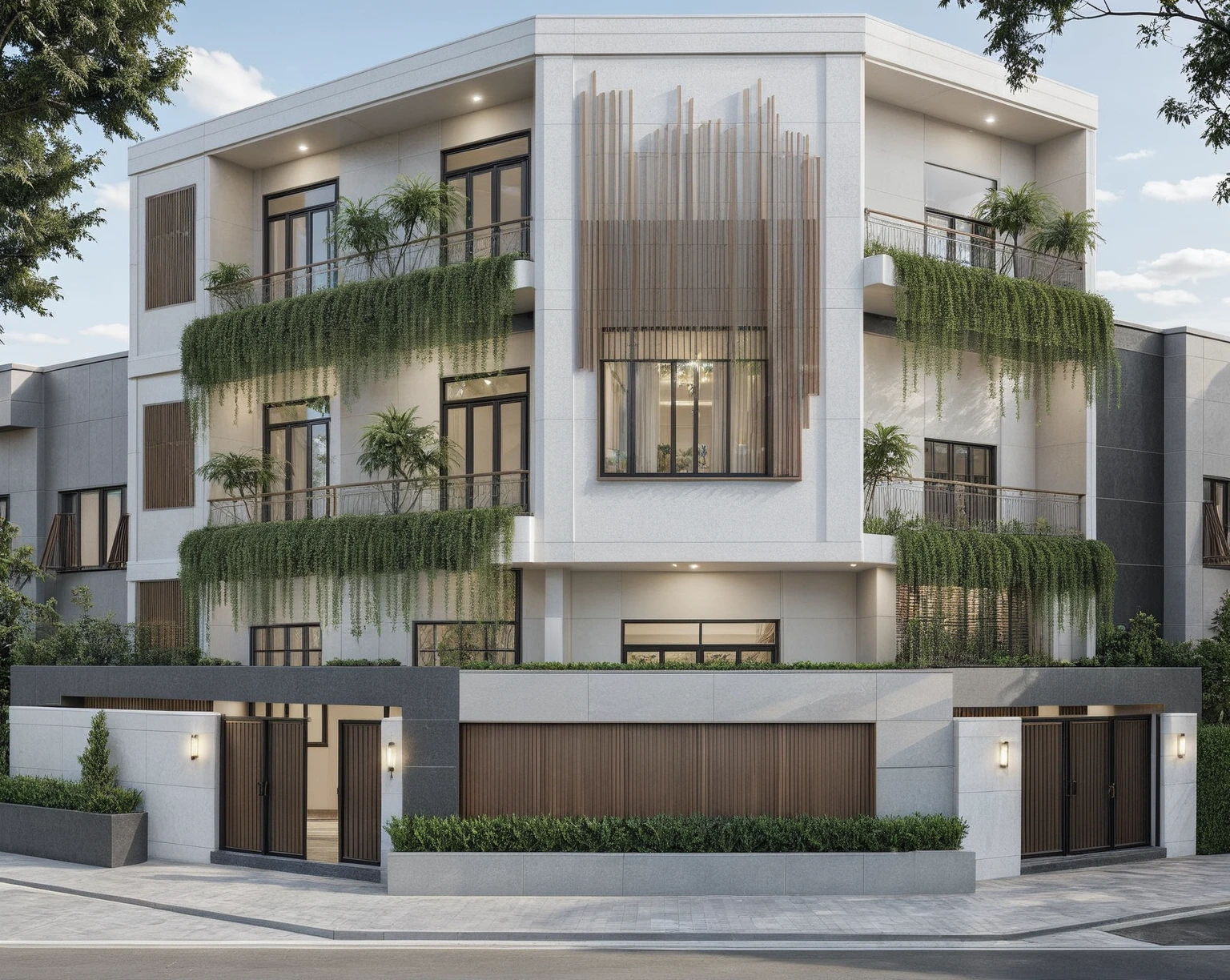 a rendering of a modern building with a balcony and a balcony, exterior design, residential design, concept house, inter dimensional villa, front elevation view, modern lush condo as shopfront, architectural concept, complete house, mid-view, frontview, elevation view, contemporary house, overall architectural design, comprehensive 2 d render, residential, front-view, modern architecture design, realistic material