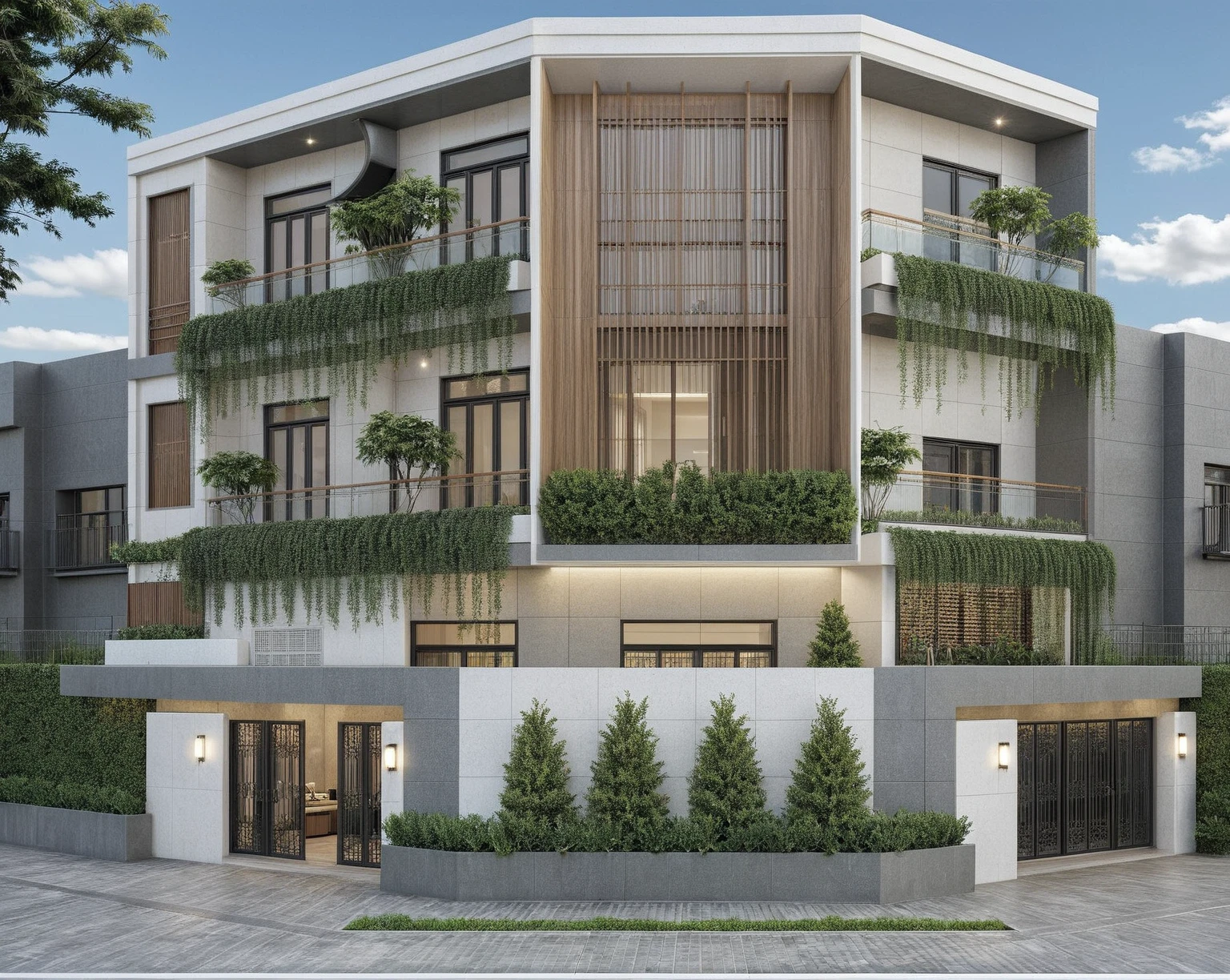 a rendering of a modern building with a balcony and a balcony, exterior design, residential design, concept house, inter dimensional villa, front elevation view, modern lush condo as shopfront, architectural concept, complete house, mid-view, frontview, elevation view, contemporary house, overall architectural design, comprehensive 2 d render, residential, front-view, modern architecture design, realistic material