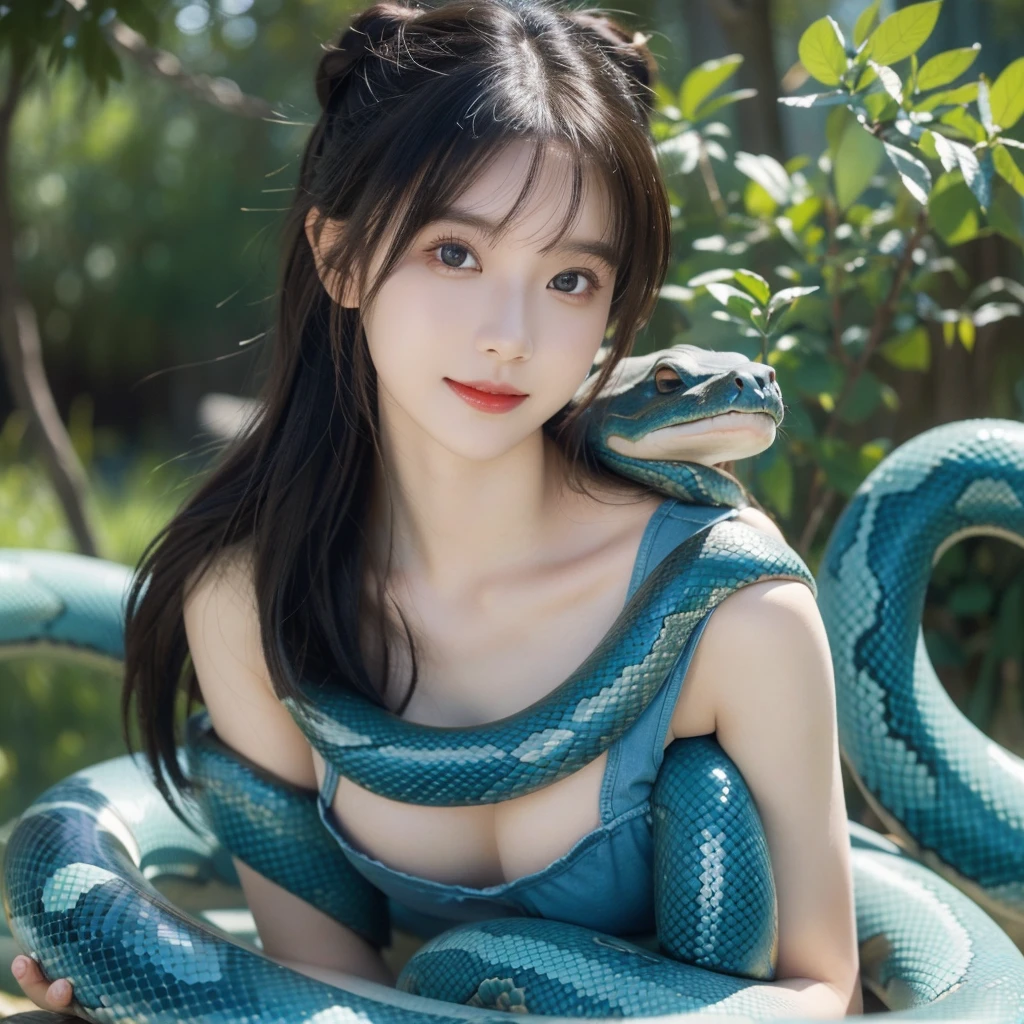 (masterpiece、Highest quality、masterpiece)、Realistic photo、8k resolution、One Girl、beautiful girl、18-year-old、bangs、Looking into the camera、smile、Small breasts、Bun Head、Hair Ribbon、Cute pose、Attractive thighs、plateau、Nature、Blue sky、Professional photos、Giant snake、A snake coiled around the body、Big snake、The snake coils、