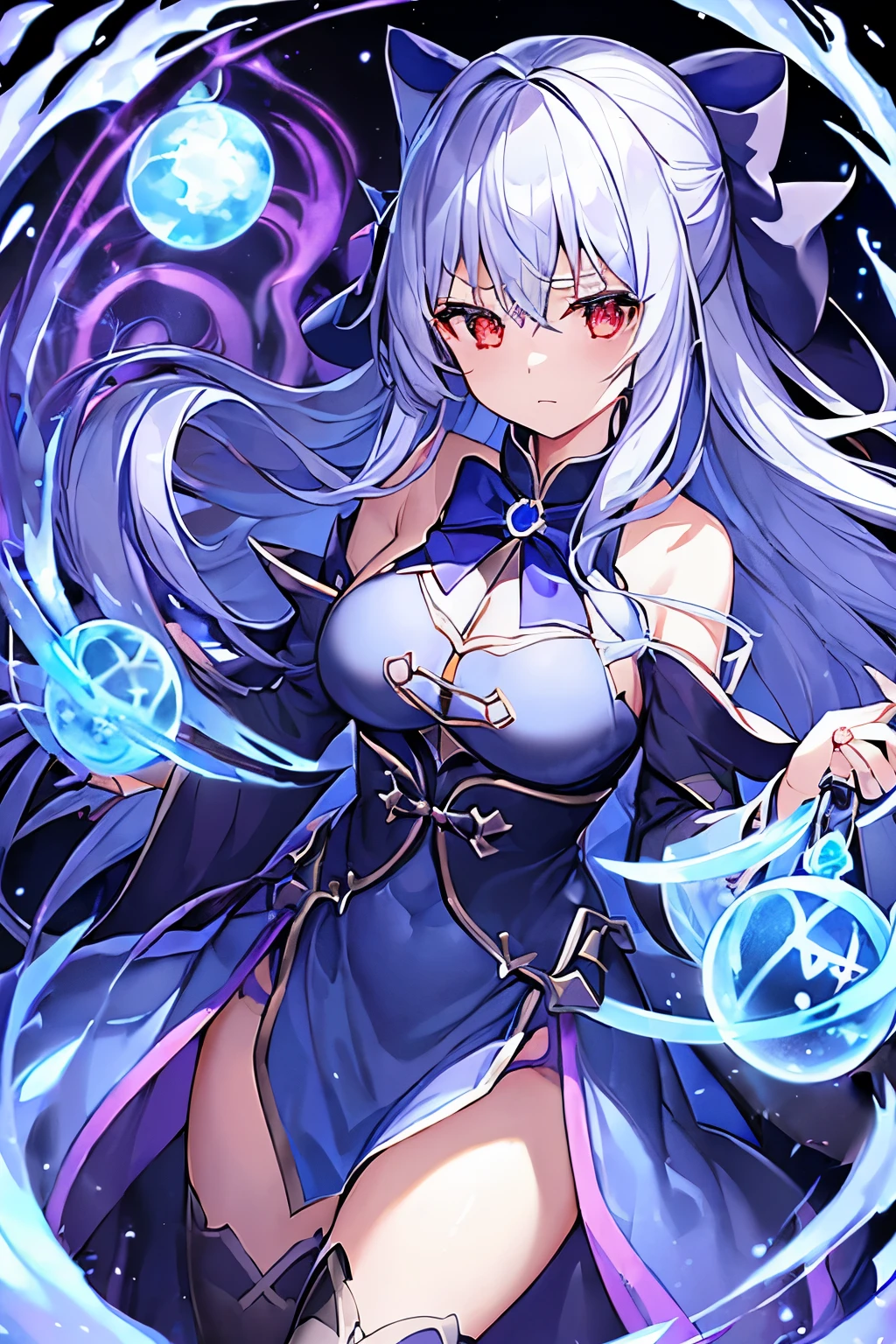 1 girl、Silver long-haired、Hollow, glowing red eyes、Fantasy、witch、((黒とBlue clothes))、((Blue clothes))、Aggressive design、Clock Top、Cape、Purple decoration、accessories、Villain、whole body、Water Magic、Dark Magic、Dark Aura、Expressionless、Expose、Bigger breasts、Shameless、(((Draw the bow)))