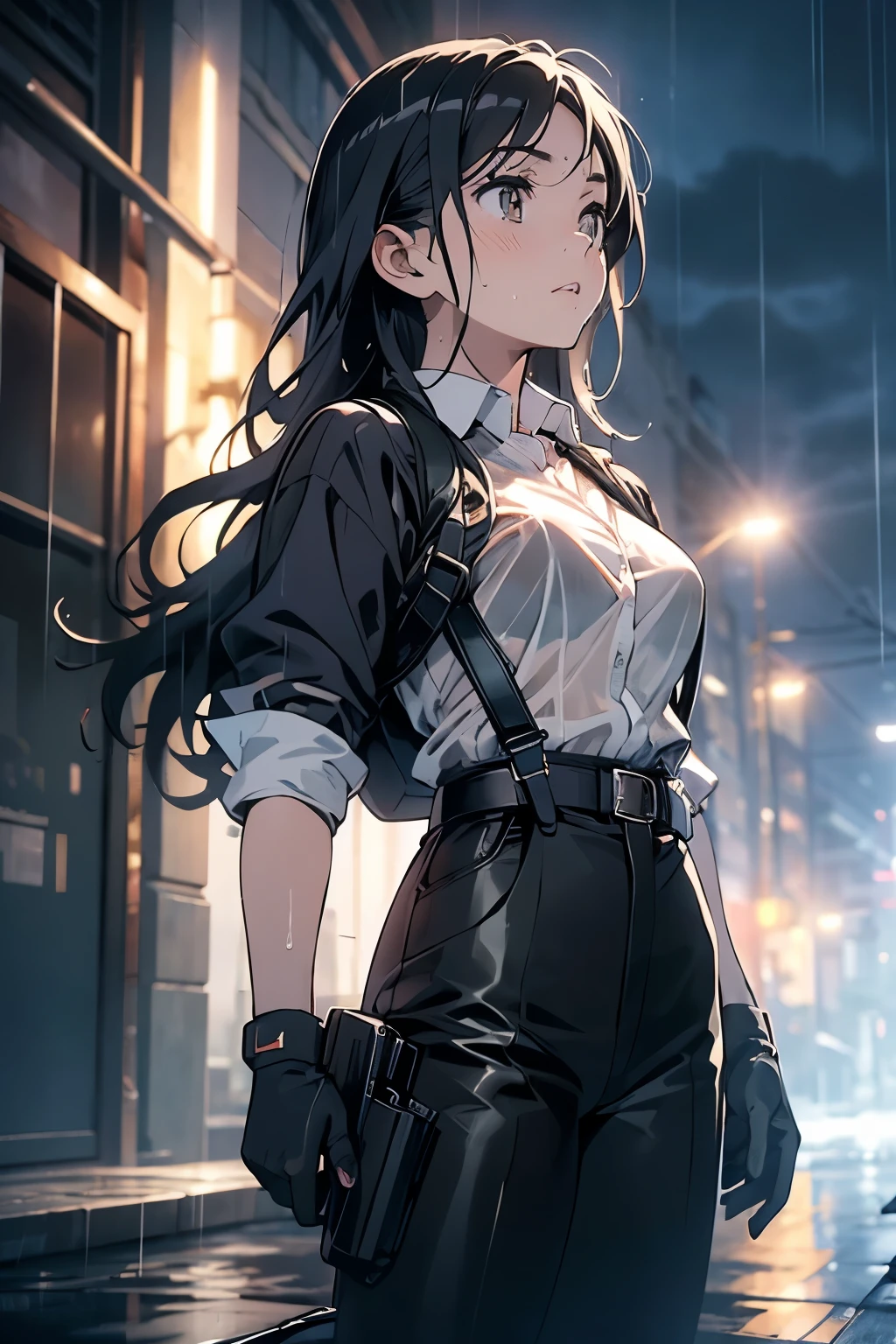 1 female, , high quality, masterpiece, Ultra-high resolution, , Cinema Lighting, , , And the suspenders with the cranes flying　　　Large Breasts　 　 　　　　Small face　 　　　holster　　　　　　　 Lying in bed　Looking up　　　　Sweat 　　　belt　summer　脇Sweat 　Black Hole Gloves　suit　shirt　　Black jacket　 Black trousers　Leg Links　ズボンにbelt　　holster　 　　Hands behind your back　 Anxious expression　Looking up　Anxious face, legs apart　Armament　　Cable ties　レッグholster　holster　See-through clothing　heavy rain　Getting wet in the rain