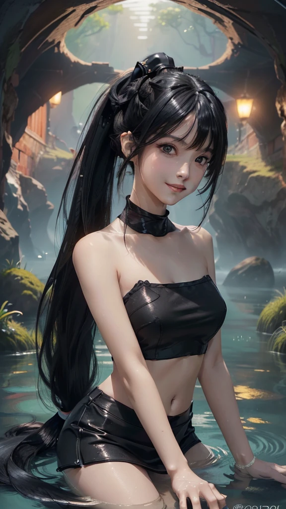((masterpiece, highest quality, High resolution, Hmm, Pixel perfect, Depth of written boundary, 4k, RTX, HDR))), 1 Girl, single, alone, Beautiful Anime Girls, Beautiful art style,anime character, ((Long Hair, bangs, Black Hair, ponytail:1.5)), (Brown eyes:1.4, Round eyes, Beautiful eyelashes, Realistic eyes), (Detailed face, ), (Smooth texture:0.75, Realistic texture:0.65, Realistic:1.1, Anime CG Style), Medium breast, (Perfect body ,(Black Tube Top), mini skirt, smile, Filmed in a tunnel, Submerged in water