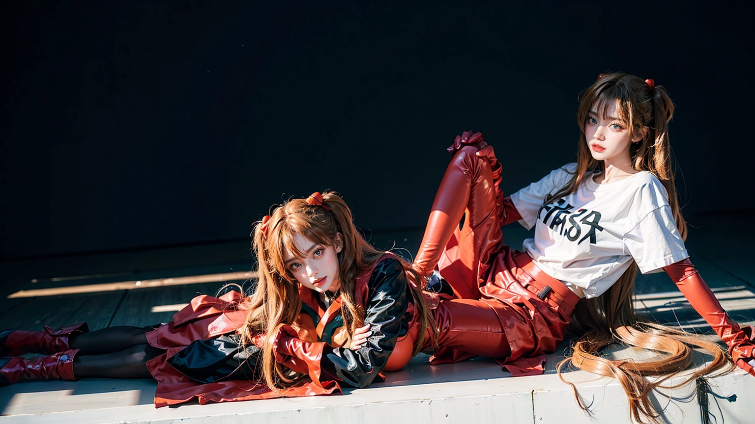 best quality, masterpiece, realistic, photorealistic, 1girl, solo, looking at viewer, full body, long hair, asuka cosplay costume, cosplay, shirt and skirt outfit, hair ornament, simple background, she is laying down
