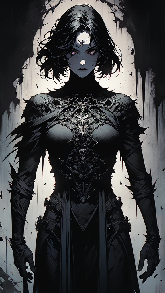 masterpiece,best quality,ultra-detailed,2girl,solo,crow,upper body,dark style,black hair,black clothes,standing,horror theme, nude