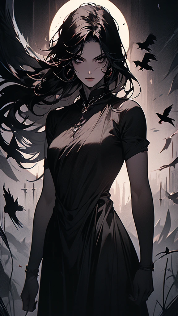 masterpiece,best quality,ultra-detailed,2girl,solo,crow,upper body,dark style,black hair,black clothes,standing,horror theme, nude